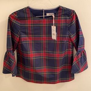 NWT Vineyard Vines Tartan Plaid Blouse, Size 4. Bell Sleeves.